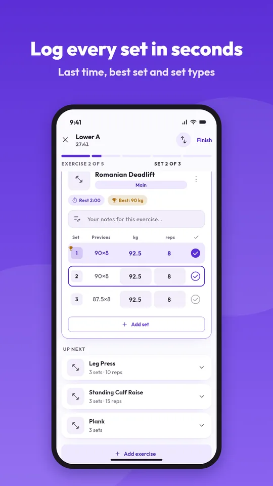 The Workout app logging a set of Romanian deadlifts